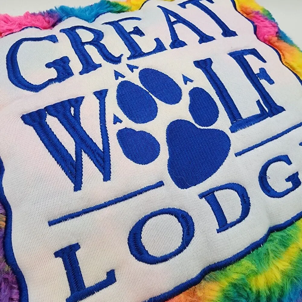 Great Wolf Lodge Plush Throw Pillow Rainbow Tie Dye Yellow Back Decorative 14x14